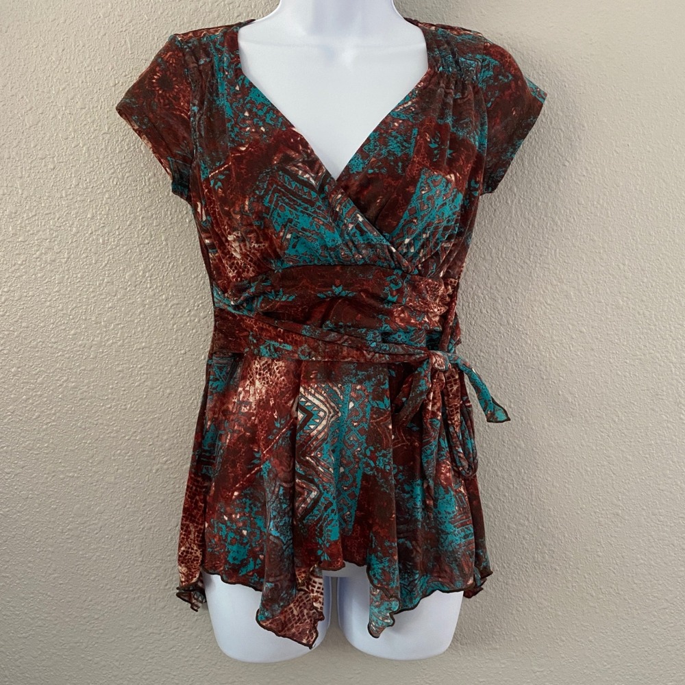 Y2K Babydoll Top Small Bohemian Fairycore Asymmetrical Feminine Boho Brown Teal